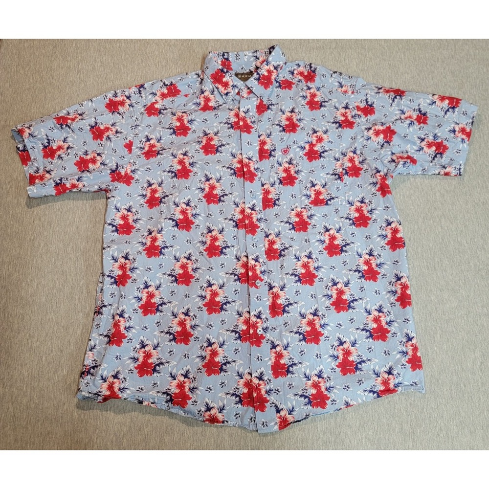 Ariat Mens XL Short Sleeve Button Up Floral Shirt Blue Red Hibiscus Pocket